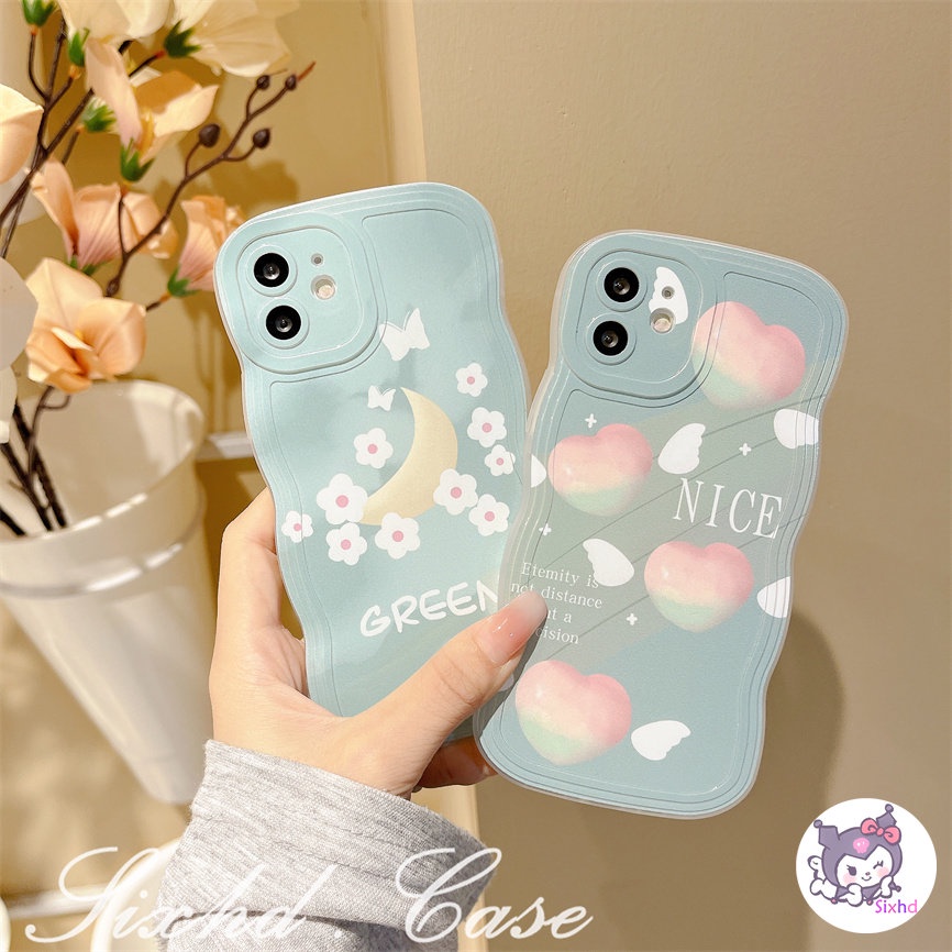 IPHONE Fashion Hijau Dicetak Cinta Case Kompatibel Untuk Iphone14 13 12 11 Pro Max SE 2020 X XR Xs Max 7 8 6 6s Plus Kartun Lembut Gelombang Tepi Telepon Shockproof Case TPU Clear Cover