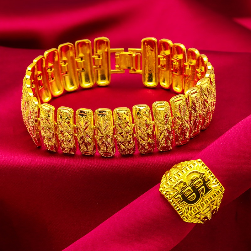 Goldkingdom Perhiasan Fashion 24K Bangkok Aksesoris Ready Stock Pria Mendominasi Gelang Bertepi Lebar Berlapis Emas Gelang Memanjang