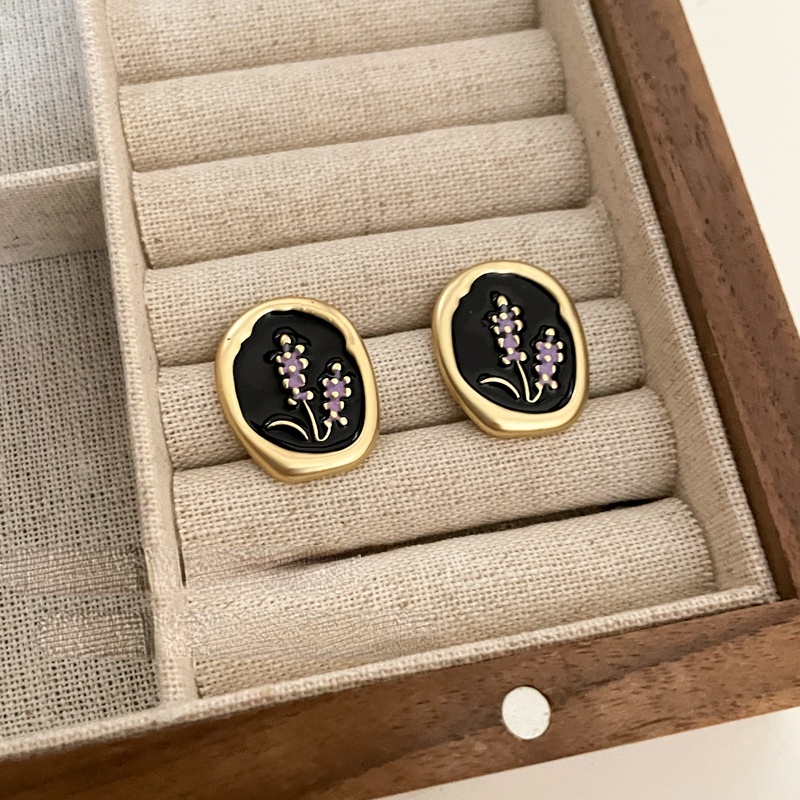 Anting Enamel Retro Prancis Lapis Perak S925 Wheat Ear Studs Flower Untuk Wanita Perempuan