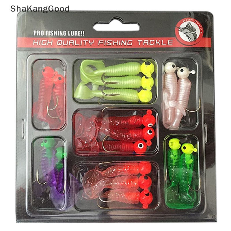 Umpan Pancing Selip Set Jig Lead Head Hooks Cacing Lembut Grub Umpan Ekor Tunggal 17Pcs SKK