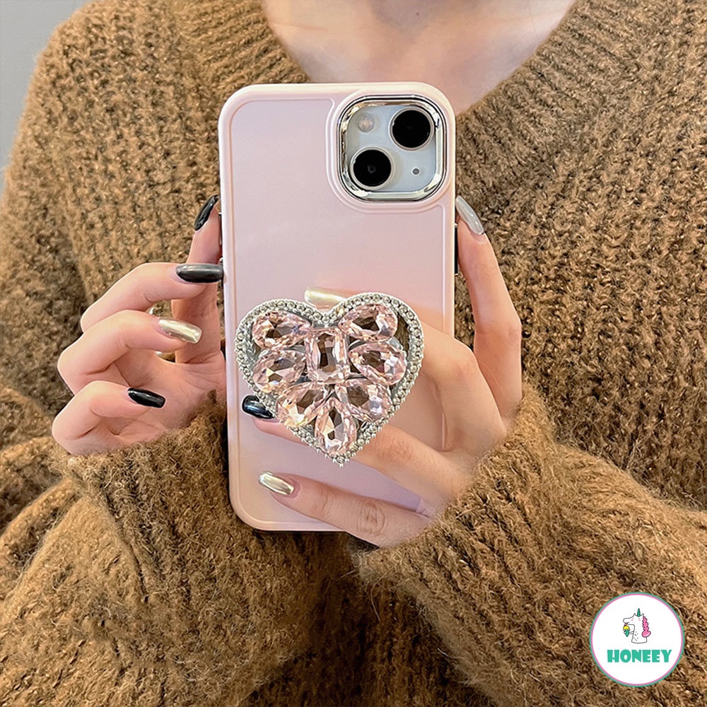 IPHONE Mewah Kristal Berlian Cinta Hati Cermin Ring Holder Stand Soft Phone Case Untuk Iphone11 13 Pro Max14 12 Pro 11 Cover