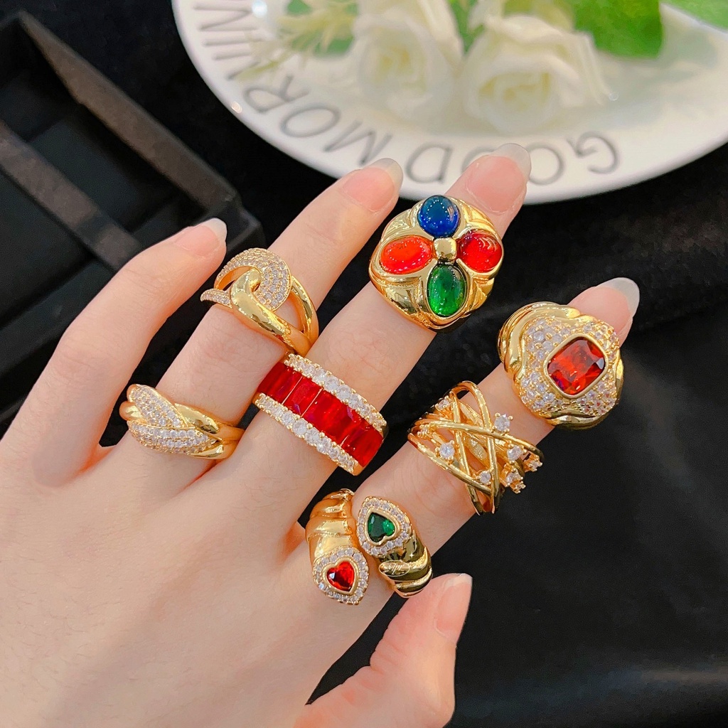 Goldkingdom Aksesoris Perhiasan Fashion Ready Stock Vintage Cincin Kaca French Vintage Berlapis Emas Micro Set Dengan Berlian Penuh Antik Colorful Treasure Ring