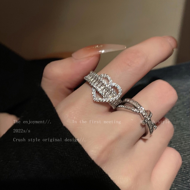 Ifyou Cincin Salib Busur Hati Berkilau Kristal Silver Rings Untuk Aksesoris Perhiasan Wanita