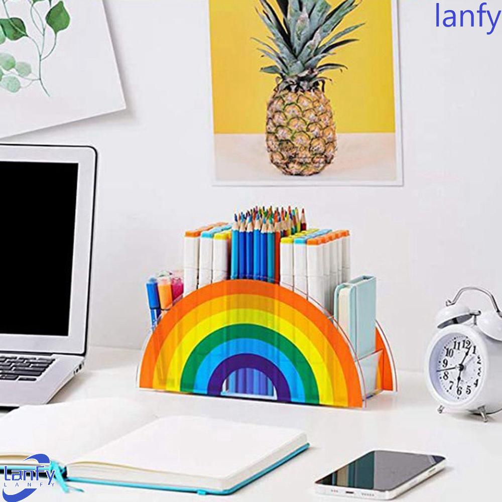 Lanfy Tempat Pulpen Kantor Sekolah Rainbow Acrylic 5kompartemen Rak Kuas Makeup