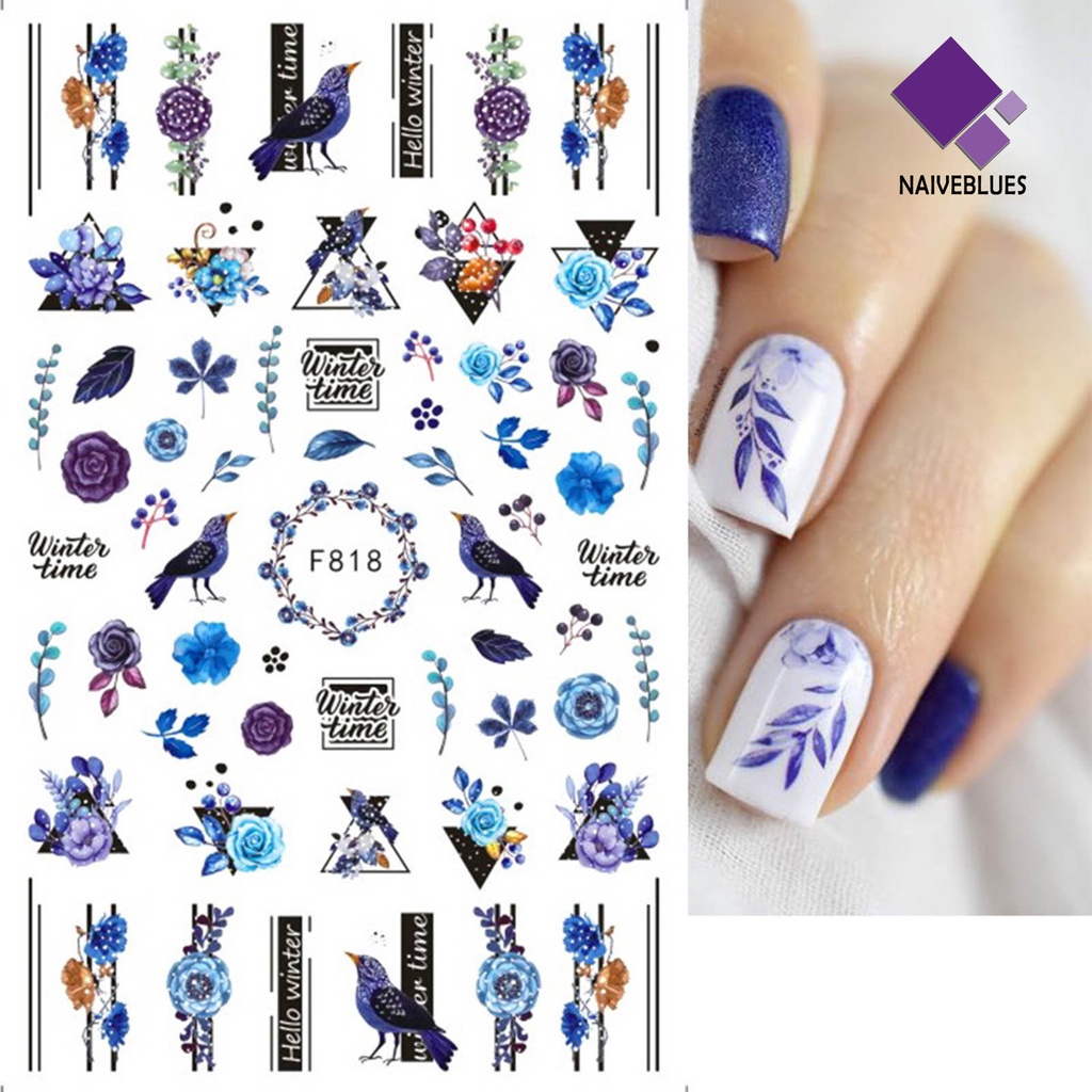 [naiveblues] Stiker Kuku Glitter Efek 3D Ultra Tipis Dekorasi Daun Geometri Sparkly Untuk Manicure