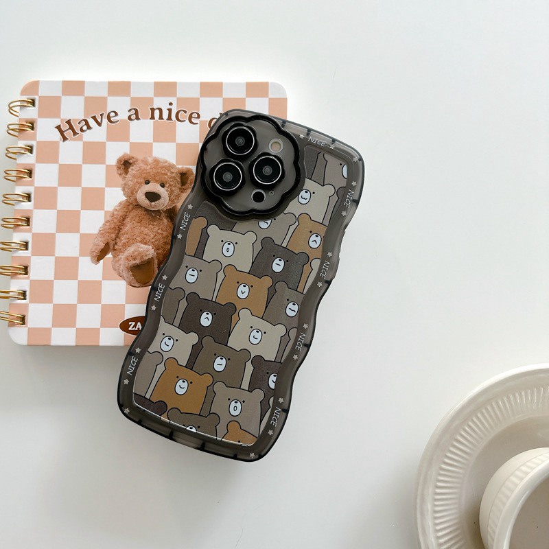 【Flower Camera】Lucky Day Full Bear Soft TPU Case HP iP iPhone 11 12 13 14 Pro Max 7 8 + Plus SE 2020 X XS XR Max Black Clear FTD Casing Apple