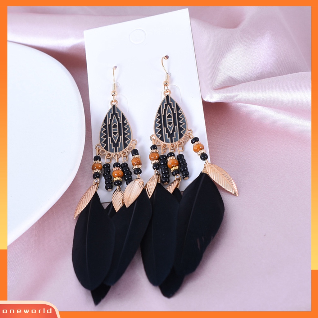 [EONE] 1pasang Anting Kait Gaya Etnik Tetesan Air Liontin Manik-Manik Kepribadian Eye-catching Dekorasi Hypoallergenic Buatan Bulu Vintage Menjuntai Anting-Anting Perhiasan Aksesori