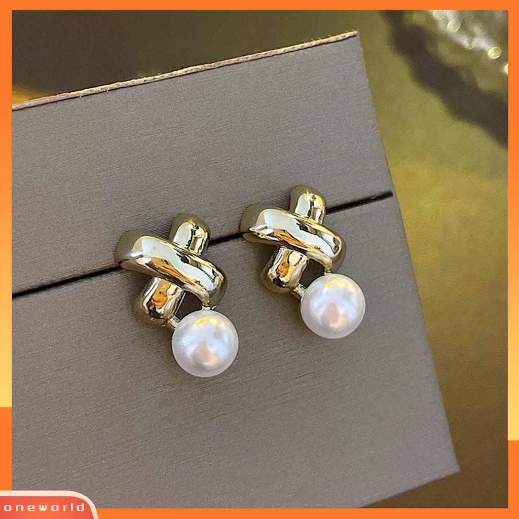[EONE] 1pasang Ear Studs Electroplating Golden Cross X Shape Geometris Elegan Mini High Gloss Mutiara Imitasi Wanita Anting Fashion Perhiasan