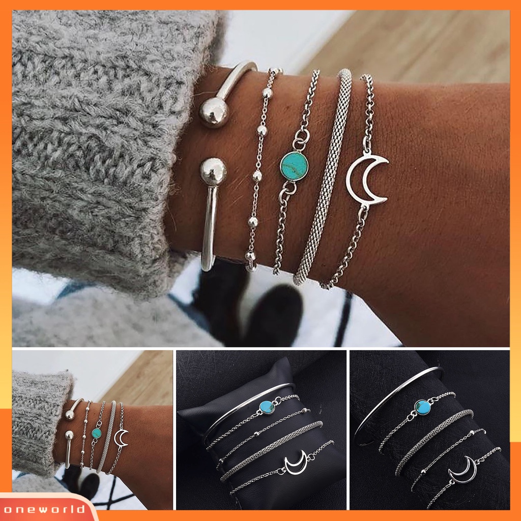 [EONE] 5pcs/set Wanita Gelang Set Multi Bentuk Bulan Rantai Alloy Lady Bangle Set Untuk Hadiah