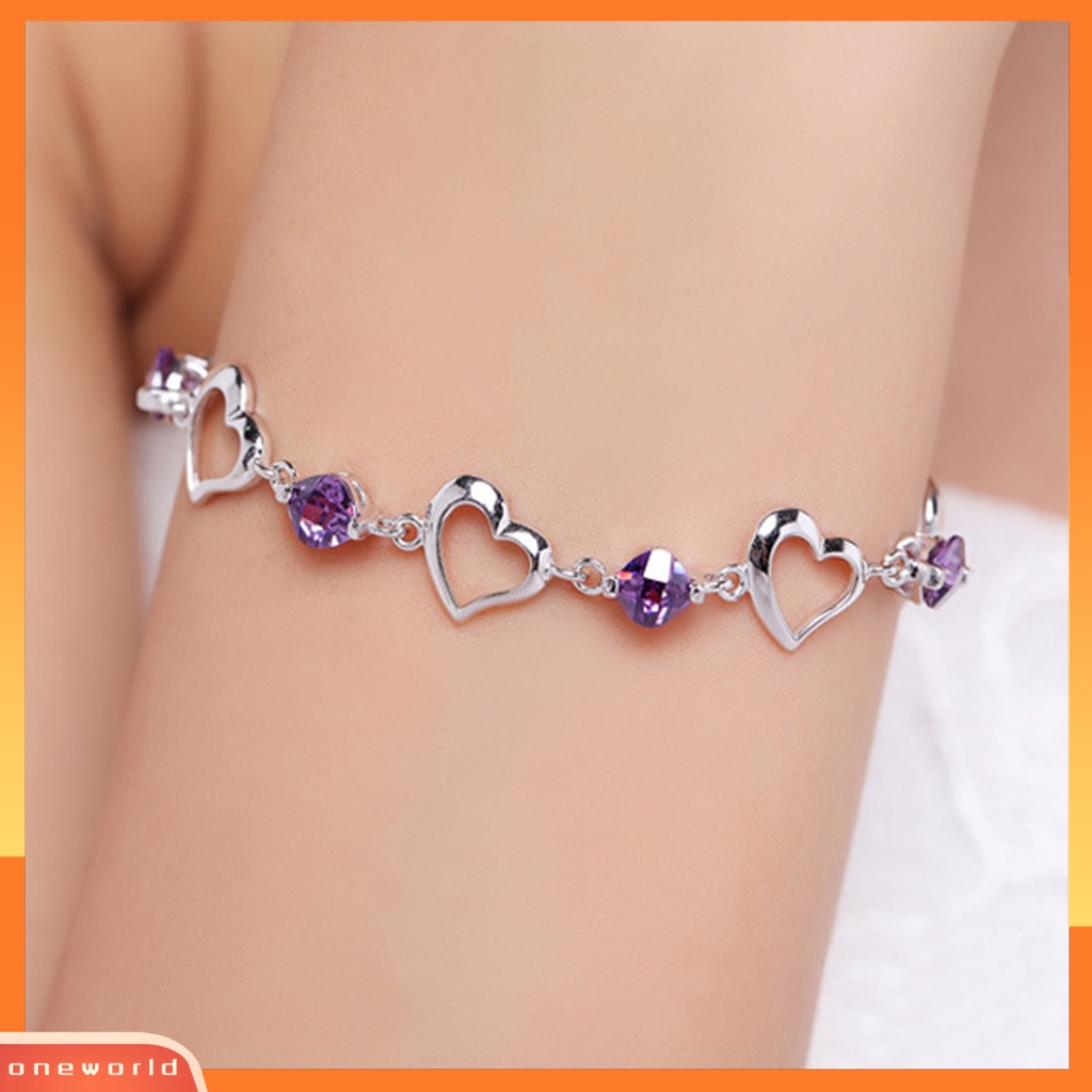 [EONE] Wanita Gelang Adjustable Berlian Imitasi Mengkilap Hias Perak Berlapis Kilau Terang Hias Hadiah Wanita Berongga-out Jantung Pesona Gelang Fashion Perhiasan