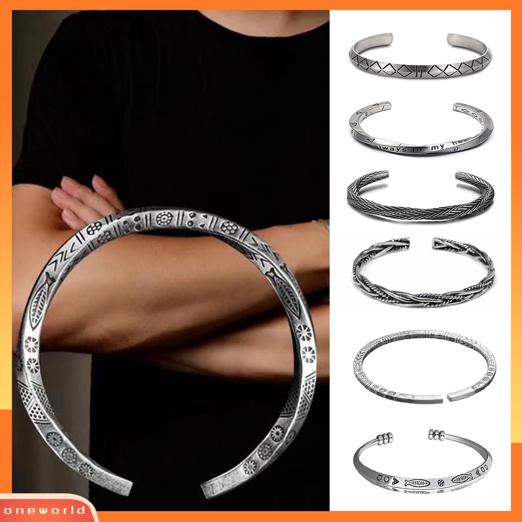 [EONE] Pria Gelang Bukaan Adjustable Warna Perak Twist Boho Hiasan Pergelangan Tangan Mudah Dipakai Ikan Surat Melengkung Lengan Gelang Pria Perhiasan