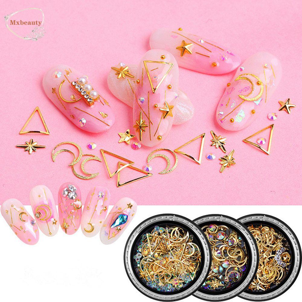 Mxbeauty Kuku Rhinestones DIY Berlian Geometris Kristal Batu 3D Kuku Stiker Bulat Paku Keling Bintang Bulan Tembaga Kuku Glitter