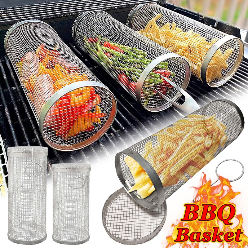 Rak Barbekyu Stainless Steel Silinder Jaring Anti Bocor Barbeque Grill Keluarga Travel Camping Piknik Peralatan Masak Alat Dapur Sederhana