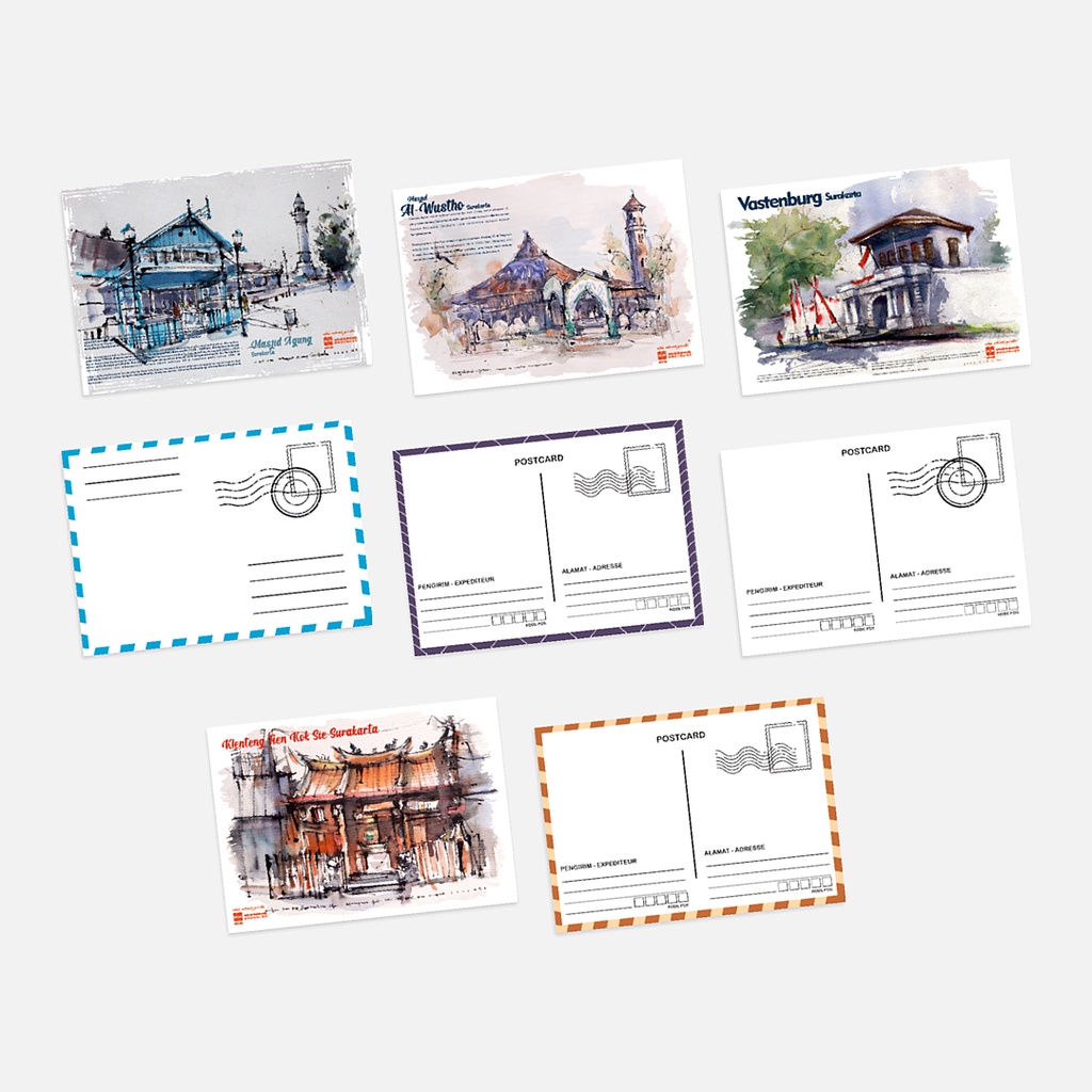 

Postcard - Set of 8 kartu pos sketsa lukisan