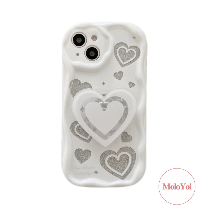 IPHONE Casing Ponsel Cinta Hati Mengkilap Putih Kompatibel Untuk Iphone11 12 13 14 Pro Max XR 7 8 6s 6 Plus X XS Max SE 2020 3D Wavy Curved Edge Glossy Shockproof Tpu Soft Cover