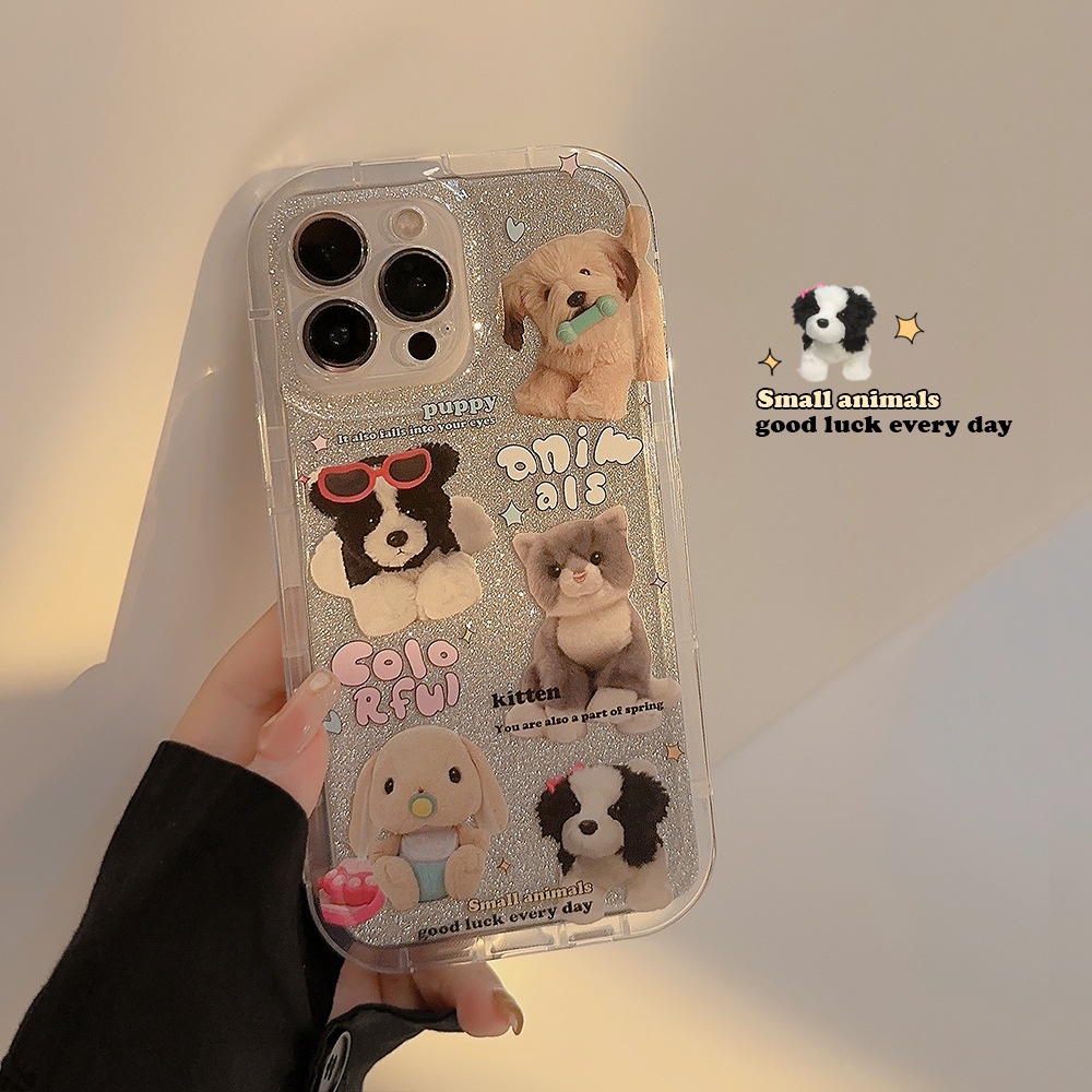 IPHONE Ins Cute Puppy Dog Kitten Cat Mainan Casing Ponsel Transparan Cover Dengan Film Glitter Untuk Iphone11 12 13 14 PLUS PRO MAX