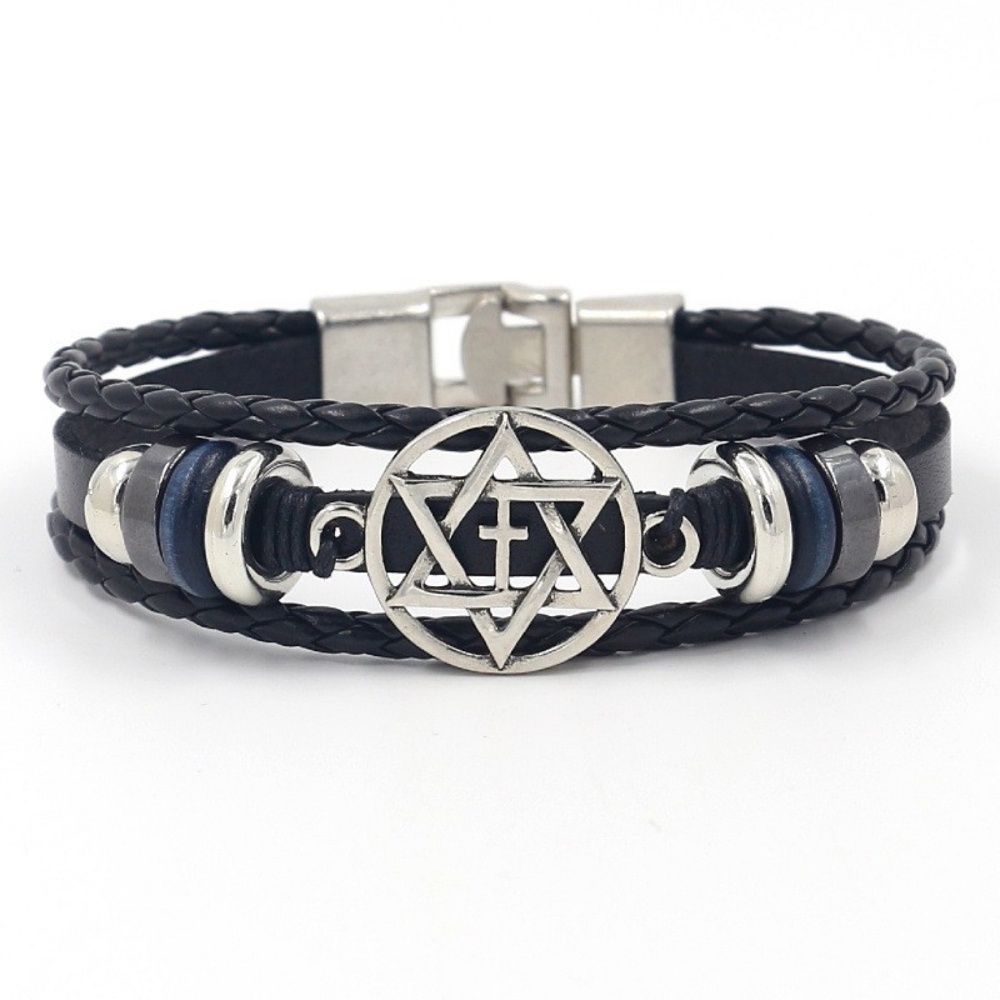 [X C Gelang] Baru Serbaguna Berongga Keluar Enam Titik Bintang Gelang Kulit Hitam Vintage Hip Hop Punk Gelang Kulit Lengan Manik-Manik Multi Layer Zinc Alloy Anyaman Gelang