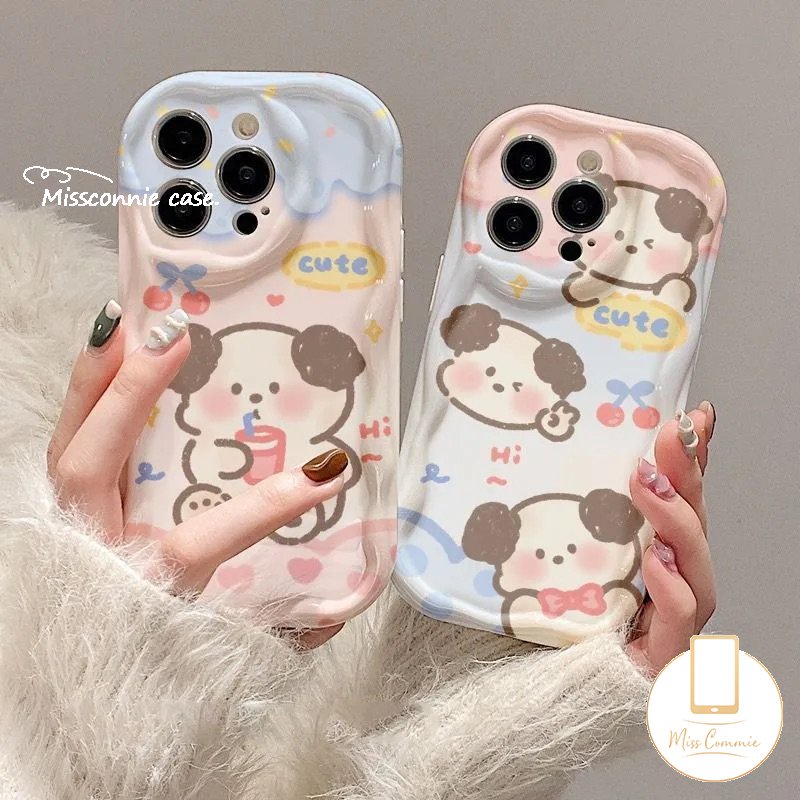 Casing Ponsel Kartun Anjing Lucu 3D Wavy Curved Edge Kompatibel Untuk iPhone 7Plus 8Plus XR 11 14 12 13 Pro Max X 7 8 6s 6 Plus XS Max SE 2020 Shockproof Glossy Soft Cover