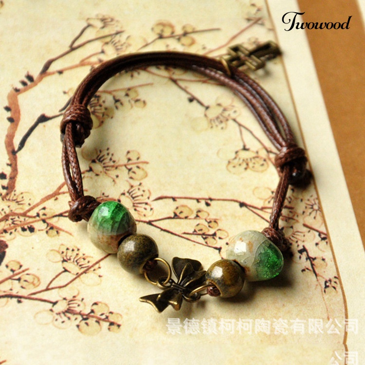 Twowood Unisex Hadiah Perhiasan Manik-Manik Keramik Liontin Multi-Layer Kepang Tali Gelang Bangle