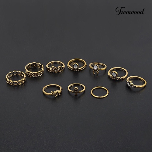 Twowood 10Pcs/Set Retro Boho Gajah Bunga Bulan Diatas Buku Jari Midi Cincin Perhiasan