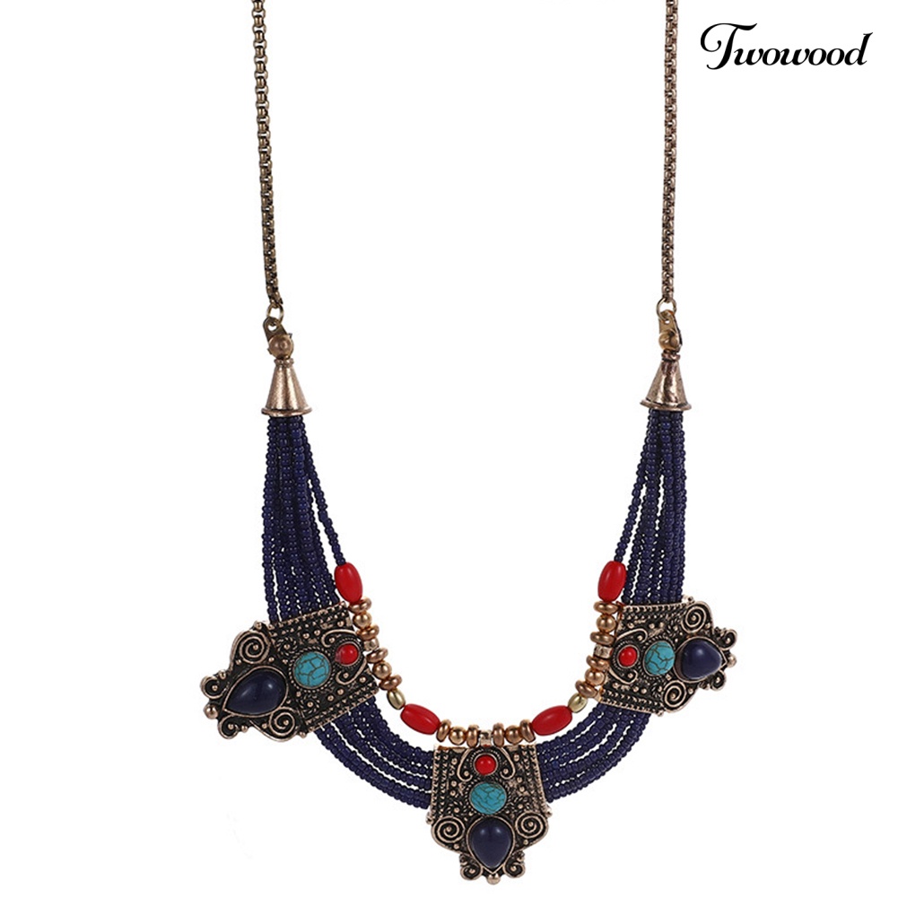 Twowood Boho Wanita Multilayer Beads Rhinestones Hias Statement Chain Bib Kalung