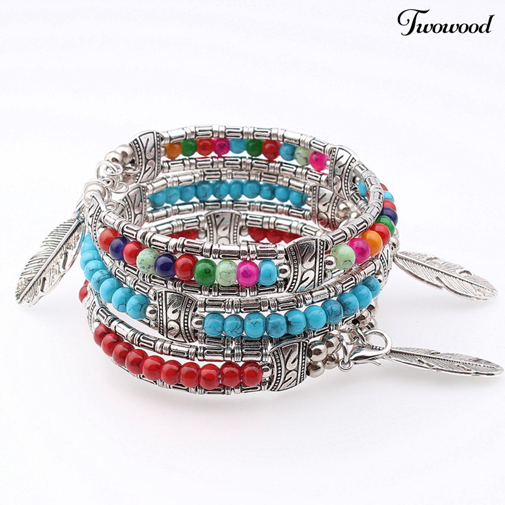 Twowood Women Bracelet Bentuk Bulu Bahan Alloy Imitasi Turquoise Tiga Lapis Women Bangles Untuk Hadiah