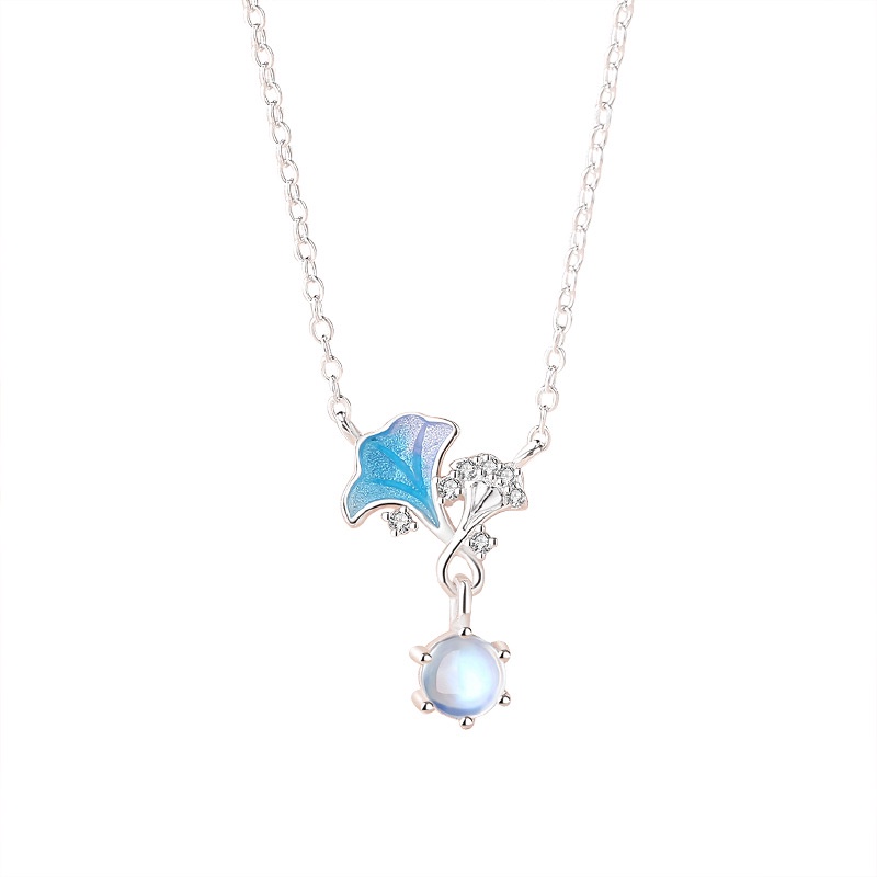 Moonlight Kalung Keberuntungan Aprikot Kecil Perempuan Sterling Silver Mori Seri Moonstone Rantai Klavikula Musim Panas Gaya Baru Ginkgo Daun Kalung Perhiasan