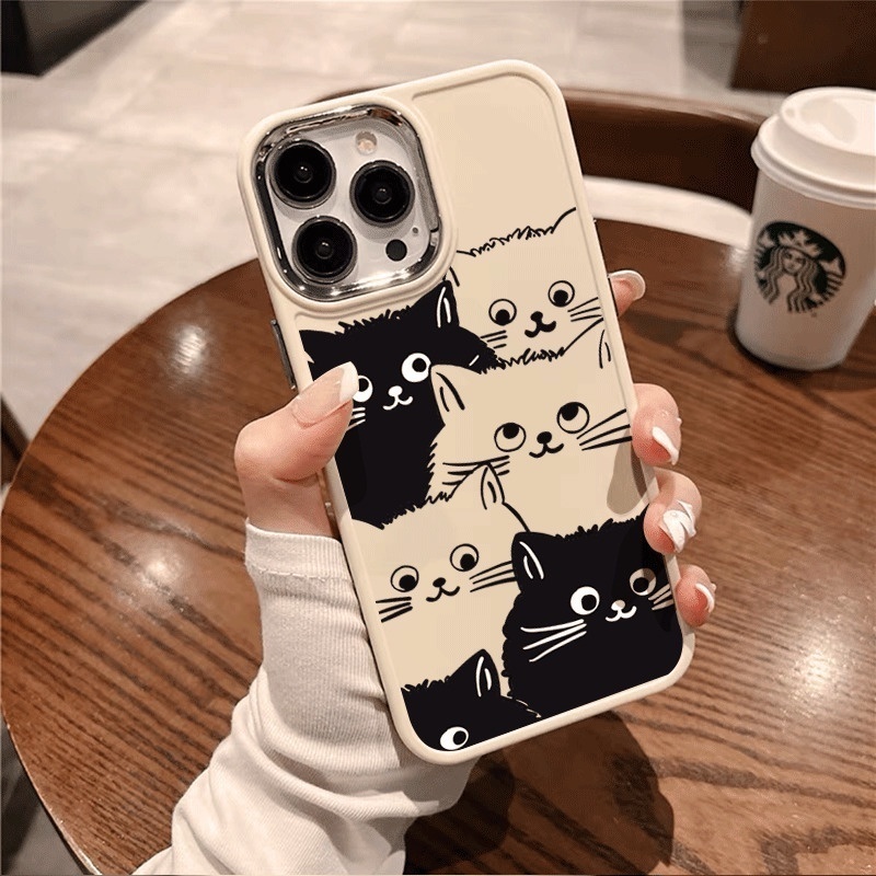 IPHONE Bingkai Cermin Tombol Logam Hitam Dan Putih Desain Kucing Lucu Casing Ponsel Kompatibel Dengan Iphone12 13 14 11 Pro Max X Xs Max Xr Ddzcx