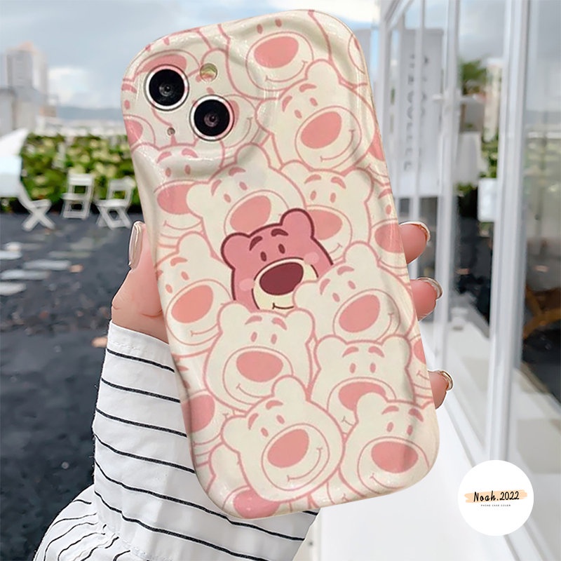 IPHONE Kartun Manyo Keren Strawberry Bear Memakai Sunglasse Case Kompatibel Untuk Iphone11 12 XR 7 8 6s 6 Plus 13 14 Pro Max X XS Max SE 3D Wavy Curved Edge Glossy Shockproof Soft Cover