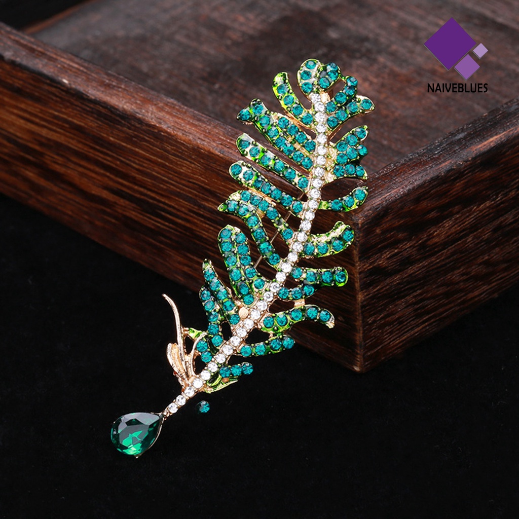 &lt; Naiveblues &gt; Bros Pin Bulu Rhinestones Perhiasan Daun Bersinar Aksesoris Pakaian