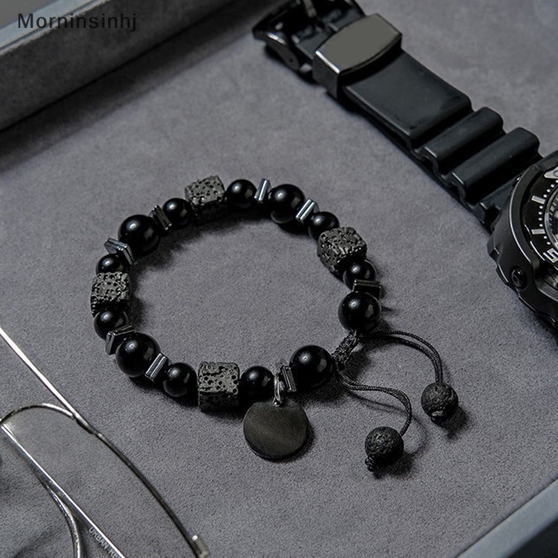 Mornin Gelang Hitam Lava Square Volcanic Stone Gelang Pria Matte Black Glass Beads Adjustable Bracelet Gelang Charm id