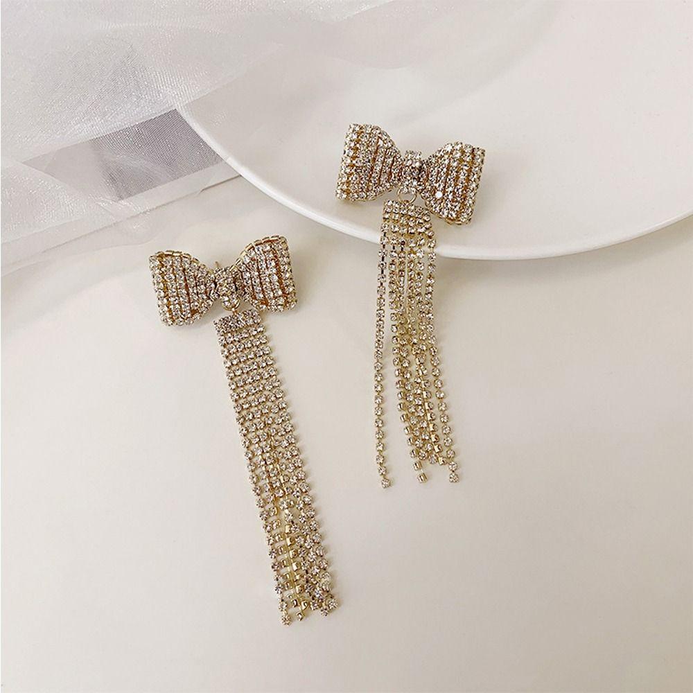 Mxbeauty Wanita Drop Anting Elegan Pesona Indah Panjang Rumbai Gadis Hadiah Busur-Simpul Berlian Imitasi Temperamen Gaya Korea Menjuntai Anting-Anting