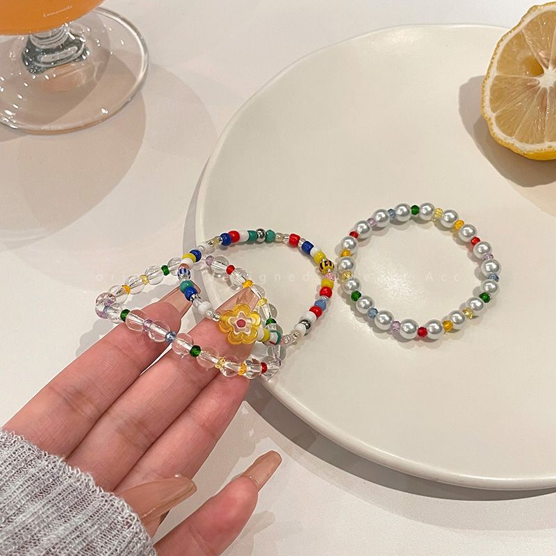 Gelang Mutiara Bunga Kristal Warna-Warni Fashion Gelang Manik-Manik Warna-Warni Fashion Korea Untuk Wanita