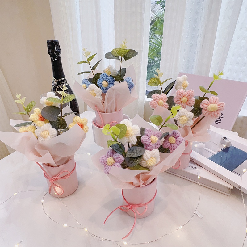 Crochet Anyaman Flowers Bouquet Bunga Rajut Dengan Lampu LED String Hadiah Tamu Pernikahan Pot Tanaman Bunga Dekorasi Rumah