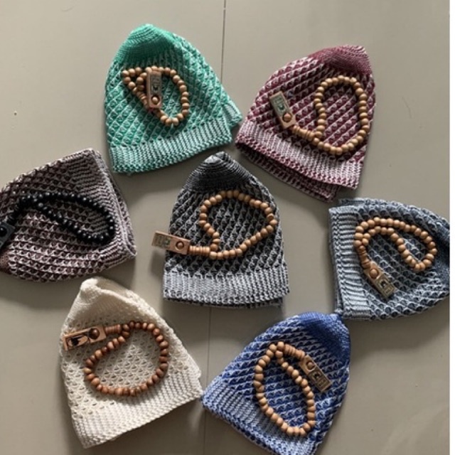 (PAKET) Peci Rajut Lurik Guanteeng Dewasa Tebal premium tasbih 33 anak bayi polos motif hitam putih 