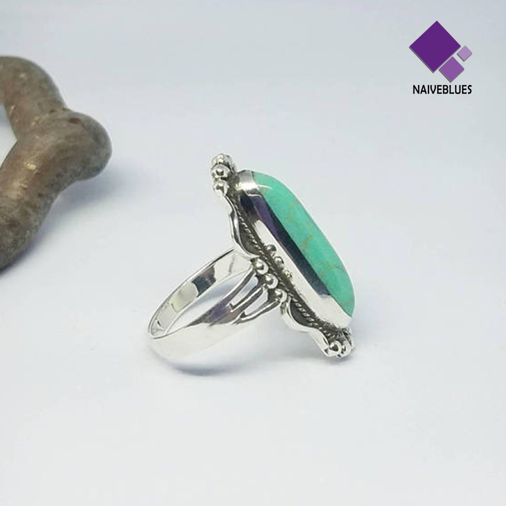 &lt; Naiveblues &gt; Vintage Finger Decor Oblong Turquoise Cincin Wanita Nikah Pertunangan