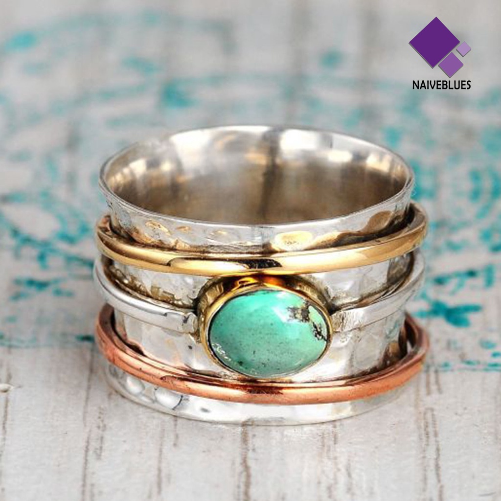 &lt; Naiveblues &gt; Cincin Pria Bohemian Vintage Hias Turquoises Jari Tiga Warna Untuk Pacaran