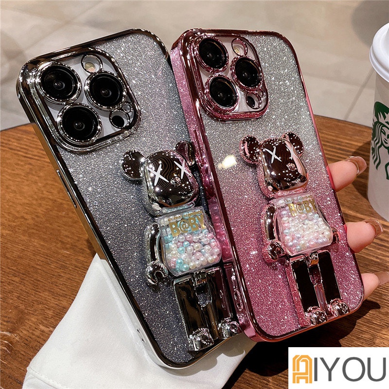 IPHONE Kartun Lucu Beruang Gradien Glitter Violence Bear Stand Plating Case Case Untuk Iphone14 13 12 Pro Max11Xxxr Xs8 7 Plus