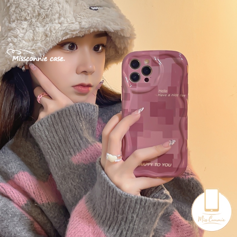 IPHONE Shockproof Phone Cover Kompatibel Untuk Iphone11 14 12 13 Pro Max X7 8 6s 6 Plus XR XS Max SE 2020 7Plus Kreatif Rose Pink Lattice 3D Wavy Curved Edge Soft Glossy Case