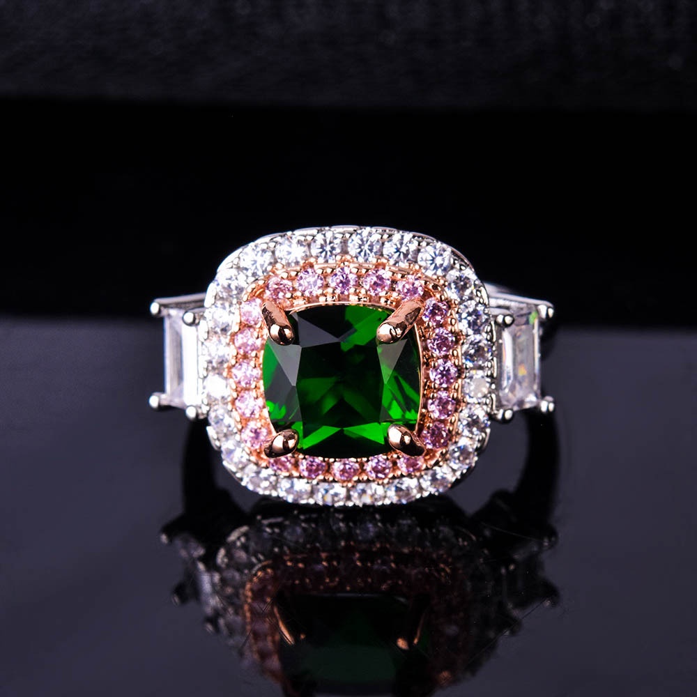 Goldkingdom Aksesoris Perhiasan Fashion Ready Stock Two-tone Emerald Princess Square Diamond Engagement Ring