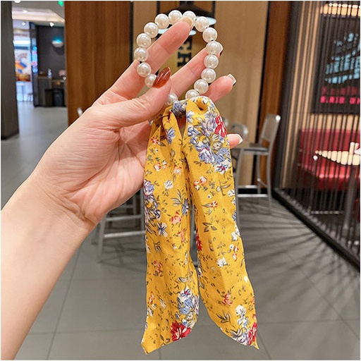 Ikat Rambut Motif Print Bunga Butterfly Aksen Mutiara Gaya Korea Untuk Wanita S - SG