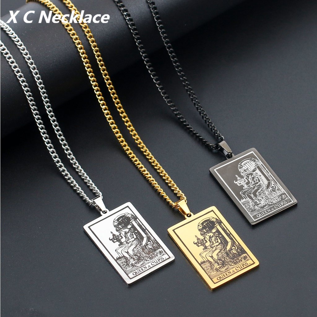 [X C Kalung] Emas &amp; Perak Baru Hip-hop Punk Retro Waite Holy Grail Tarot Queen ​​Kalung titanium Steel Liontin Anti Karat Untuk Pria Dan Wanita Hadiah Liburan Permata