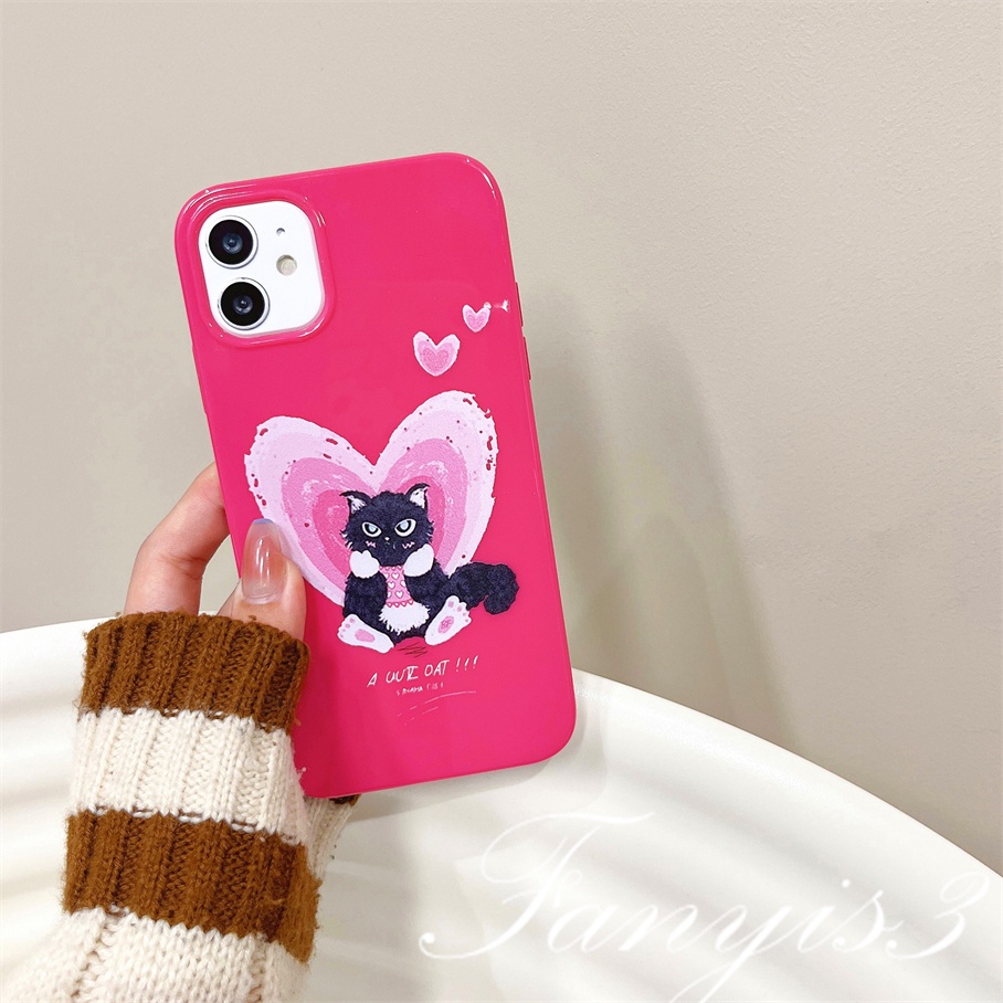 Compatible For iPhone 14 13 12 11 Pro Max X XR Xs Max 8 7 6 6s Plus SE 2020 Kompatibel Untuk Black Cat Heart Pink Permukaan Glossy Phone Case TPU Silikon Lembut Cover Pelindung