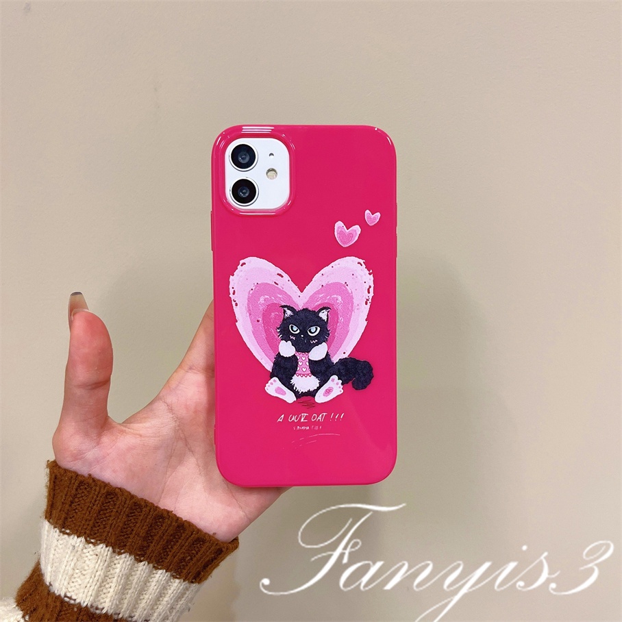 Compatible For iPhone 14 13 12 11 Pro Max X XR Xs Max 8 7 6 6s Plus SE 2020 Kompatibel Untuk Black Cat Heart Pink Permukaan Glossy Phone Case TPU Silikon Lembut Cover Pelindung