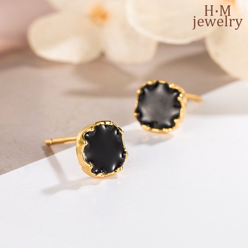 S925 Perak Sederhana Geometris Square Ear Studs Anting Hitam Bermutu Tinggi