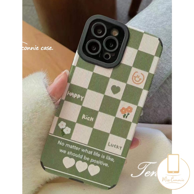 IPHONE Retro Kotak-Kotak Bunga Cinta Hati Case Kompatibel Untuk Iphone11 12 14 13 Pro MAX X 7Plus XR XS Max7 8 Plus Silikon Tekstur Kulit Mewah Berlian Senyum Lembut Shockproof Cover