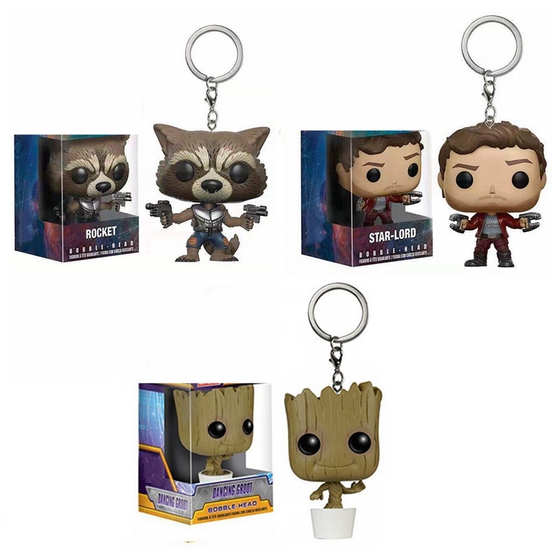 Film Anime Guardians of the Galaxy Roket Gantungan Kunci Avengers Star-Lord Groot Rakun Action Figure Koleksi Model Mainan Untuk Anak