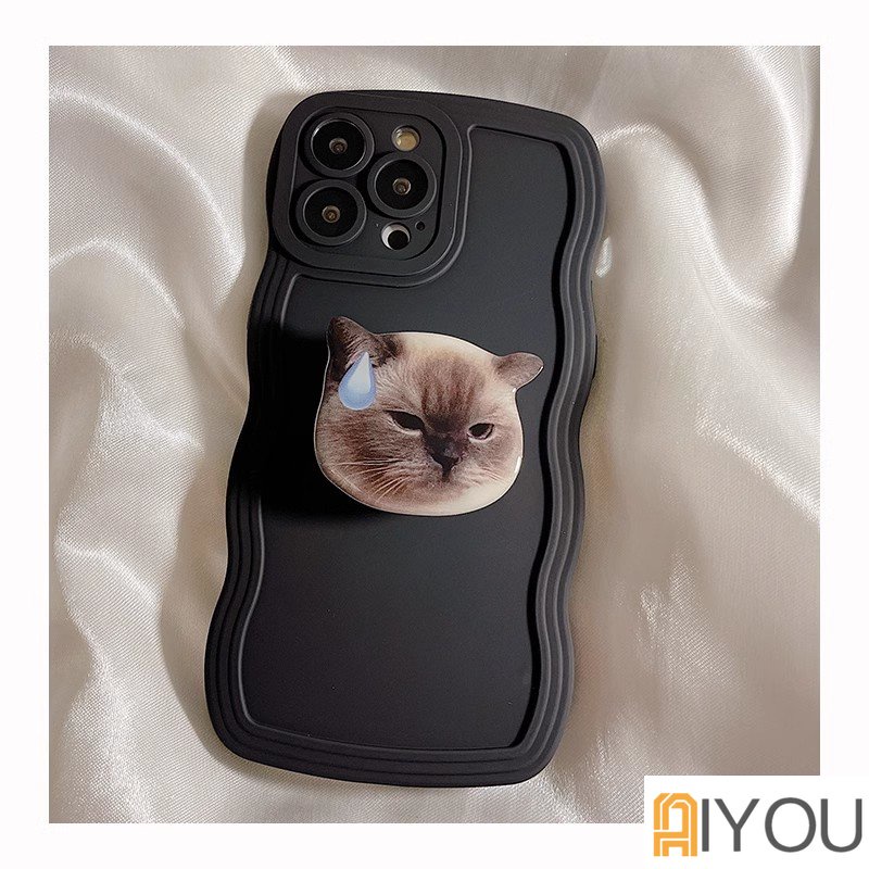 Casing Silikon Cair Lembut Gelombang Keriting Untuk iPhone 14 Pro Max13 12 Mini 11 Pro X XR XS Max7 8 Plus Cover Perlindungan Lensa INS Korea Lucu 3D Kucing Lucu Stand Griptok Support