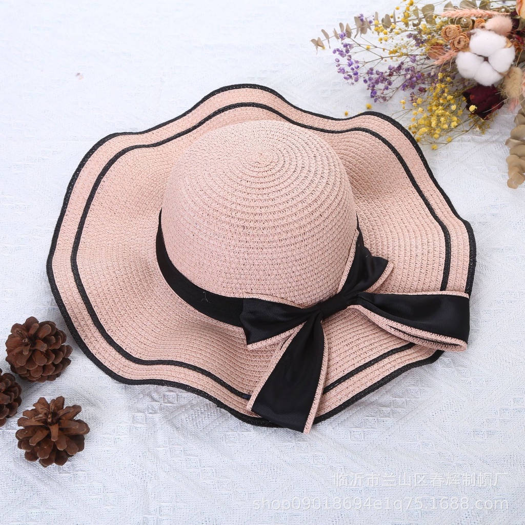 Musim Panas Big Eaves Perlindungan Matahari Gelombang Tepi Ikatan Simpul Pantai Sun Shade Straw Hat