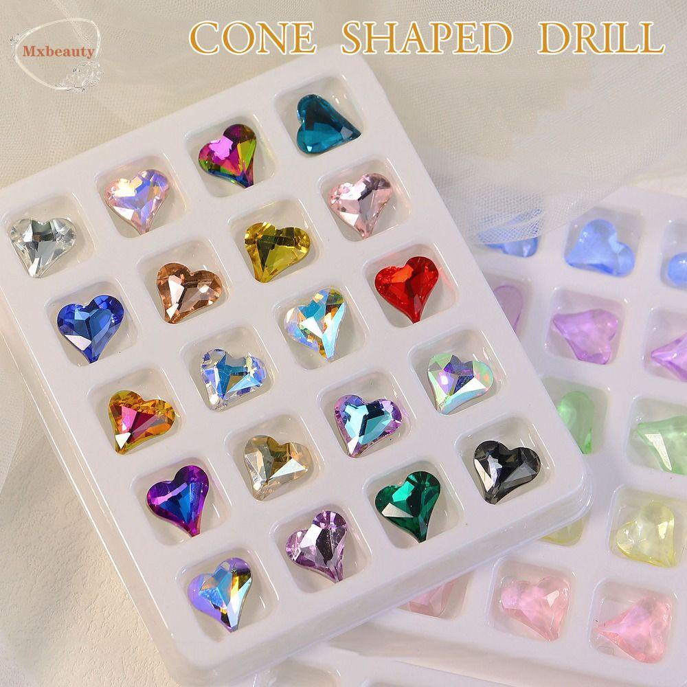Mxbeauty Nail Art Rhinestones Glitter 20 Pcs/Set Fashion Wanita Menunjuk Kembali Membuat Perhiasan Miring Hati DIY Craft Kaca Batu Kuku Charms
